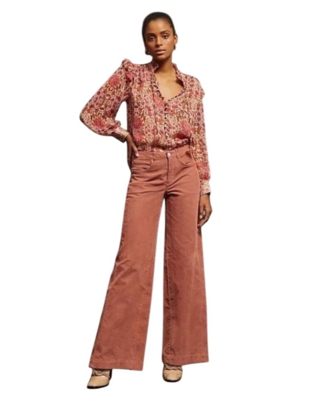 Anthropologie PILCRO Wide-Leg High-Waisted Rust pink Corduroy Pants 27